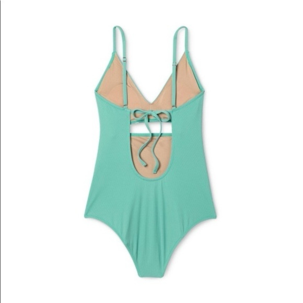 Ribbed Cut-Out Green Plunge Neckline Sash Tie Swimsuit Shade And Shore Sz Medium - Picture 7 of 10